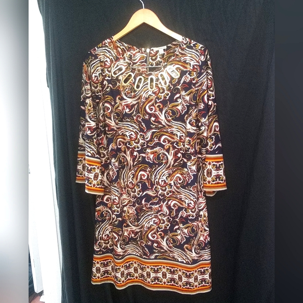 New HAANI XL Multicolored Paisley Dress With 3/4 Sleeves And Metal Accents